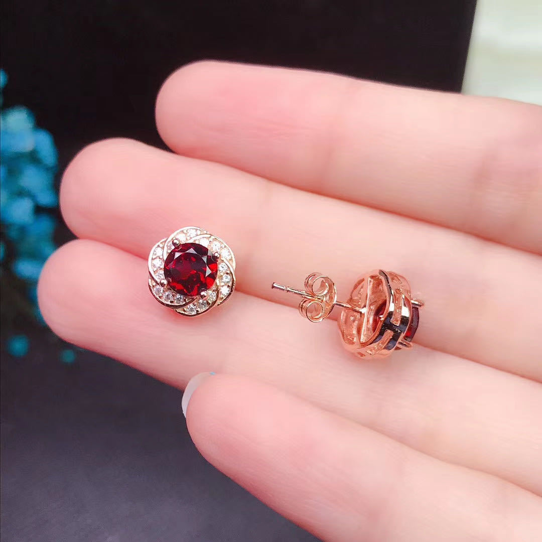 Garnet Stud Earrings 925 Silver Inlaid Colored Gems Jewelry