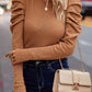 Decorative Button Round Neck Puff Sleeve Blouse