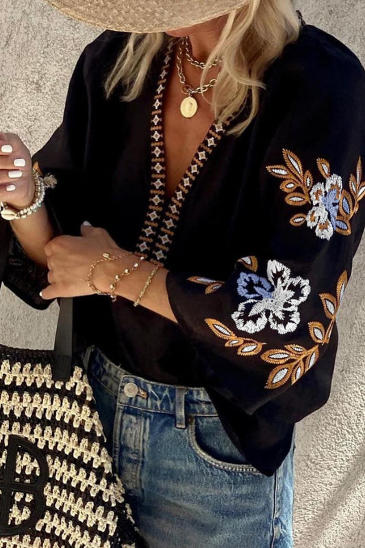 Embroidered V-Neck Three-Quarter Sleeve Blouse