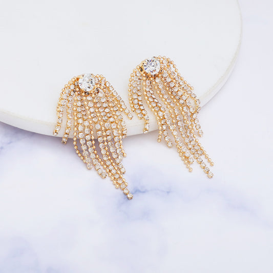 Simple Geometric Alloy Long Tassel Earrings Inlaid Rhinestone Metal Ball Bead Earrings Pendant Party Gift Fashion Jewelry Women