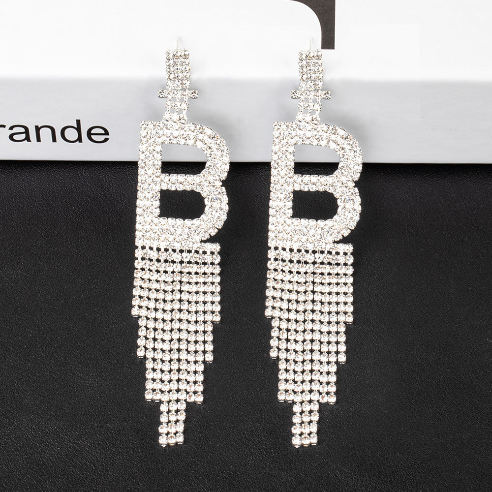 Fashion Jewelry 925 Silver Needle Ornaments Rhinestone Letter B Earrings Banquet Tassel Ear Ornaments Female