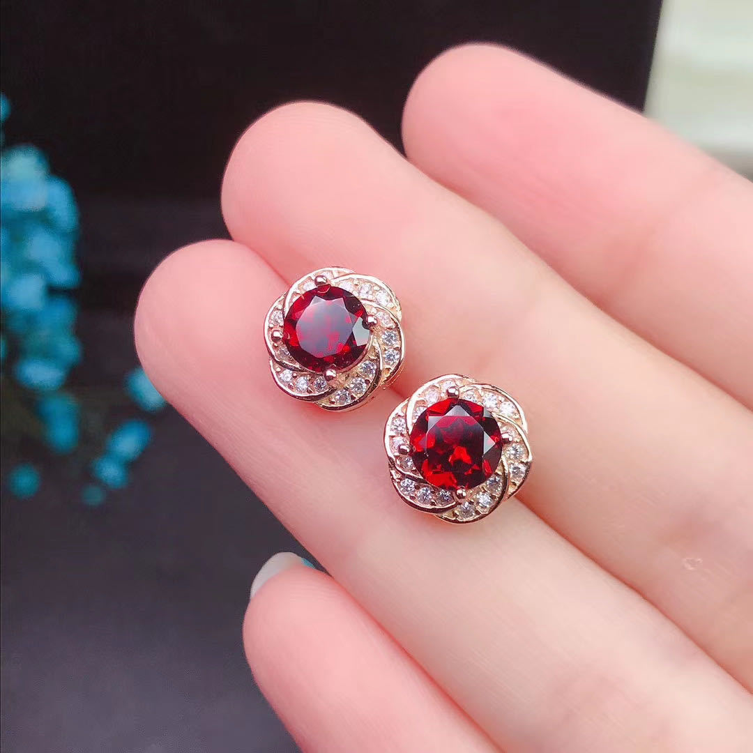 Garnet Stud Earrings 925 Silver Inlaid Colored Gems Jewelry