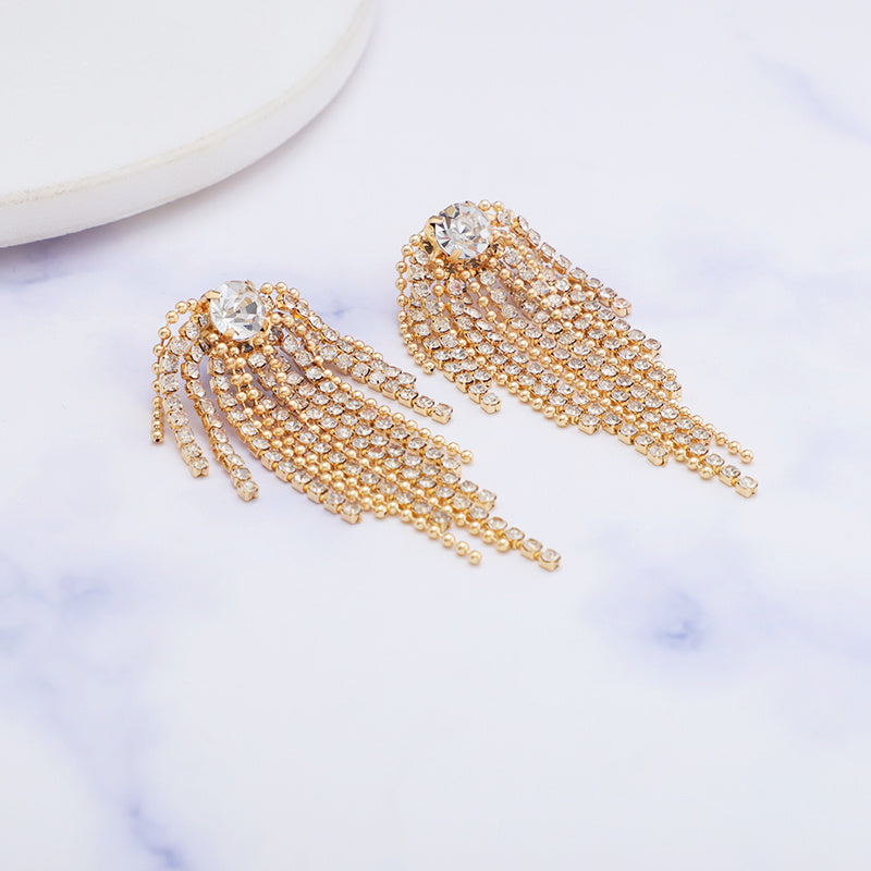 Simple Geometric Alloy Long Tassel Earrings Inlaid Rhinestone Metal Ball Bead Earrings Pendant Party Gift Fashion Jewelry Women